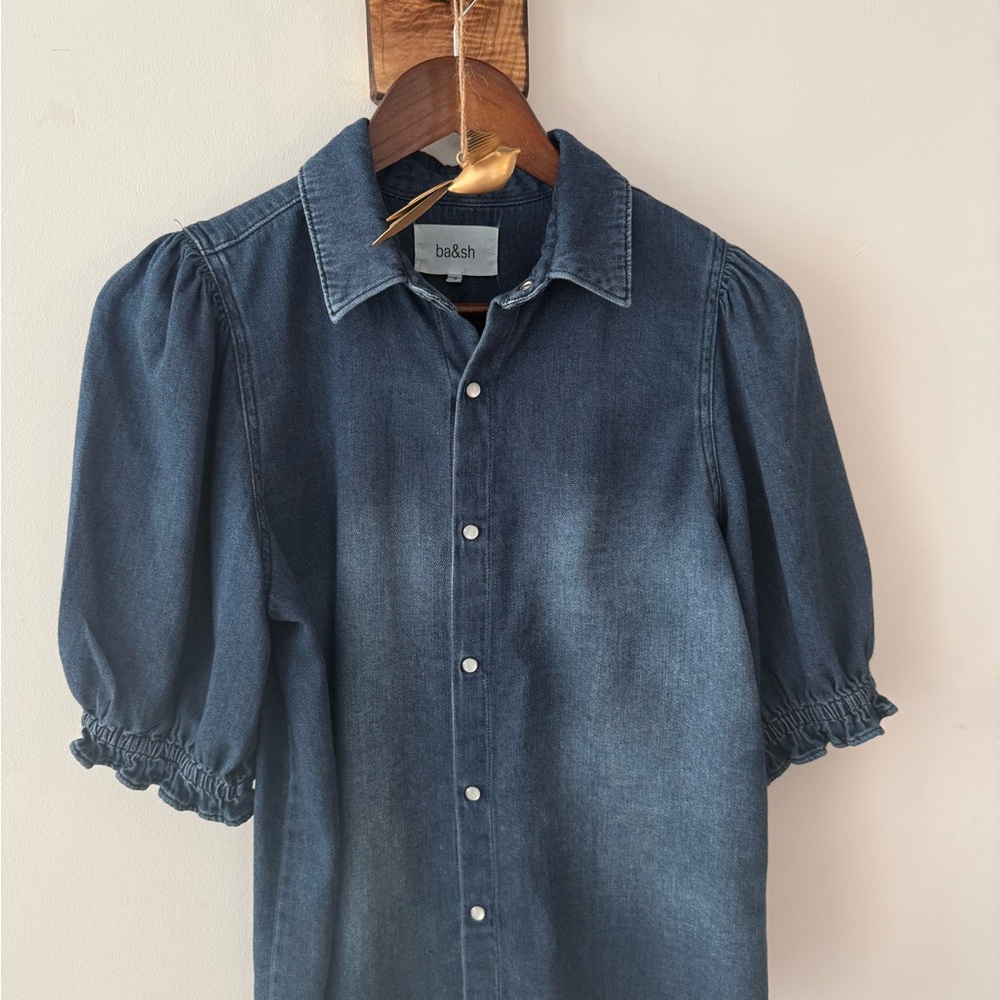 ba&sh Blue Denim Puff Sleeve Top